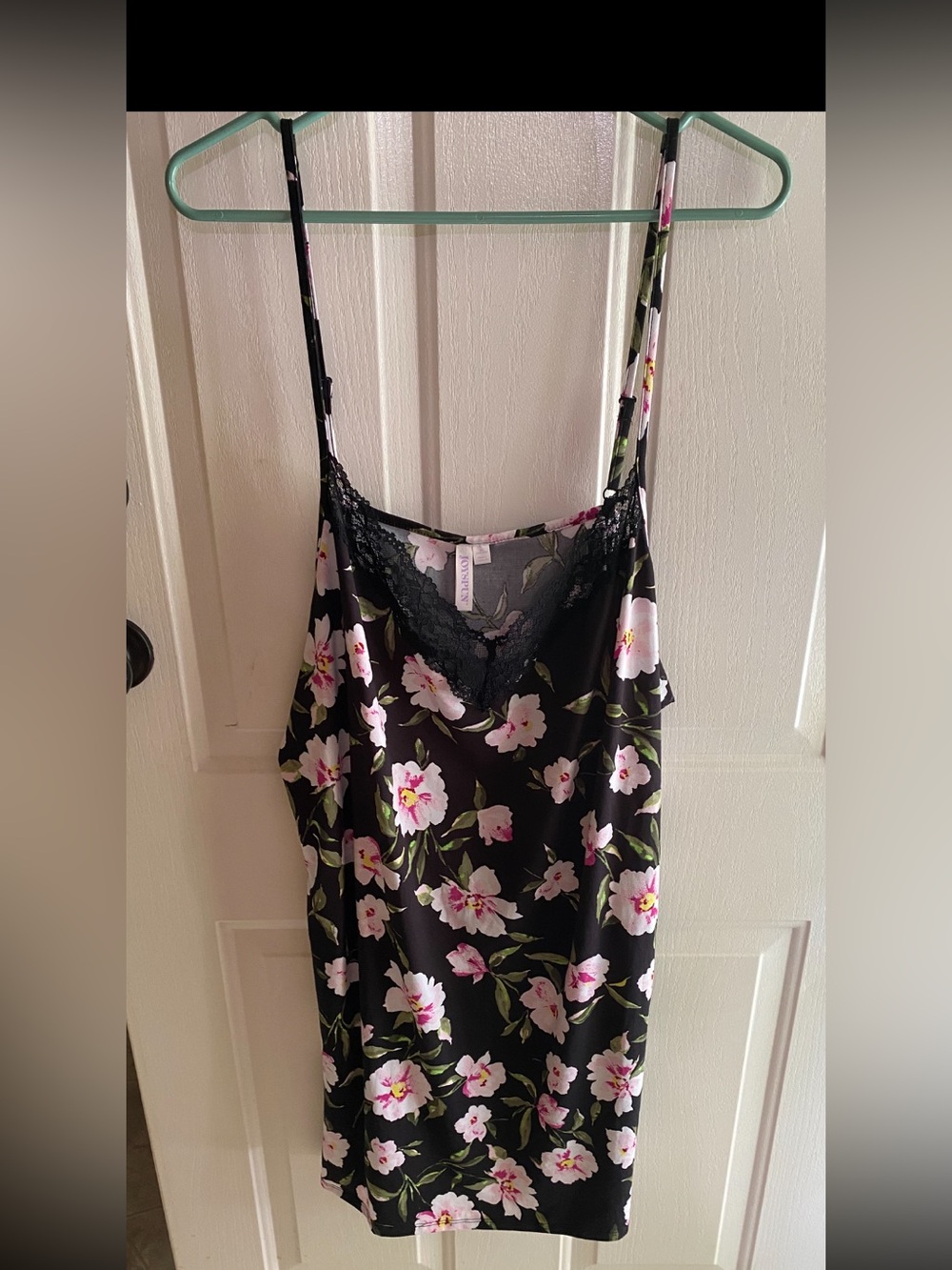 Floral Lace-Trim Chemise Slip in Black and Pink